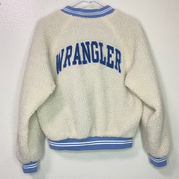 Wrangler Womens Sherpa Bomber Jacket Cream Blue Logo Varsity Size Small - Picture 8 of 9